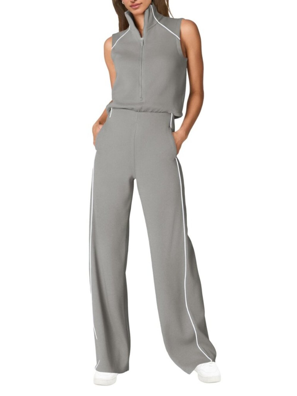 Womens Summer Jumpsuits Dressy Casual Sleeveless Mock Neck Top Wide Leg Pants